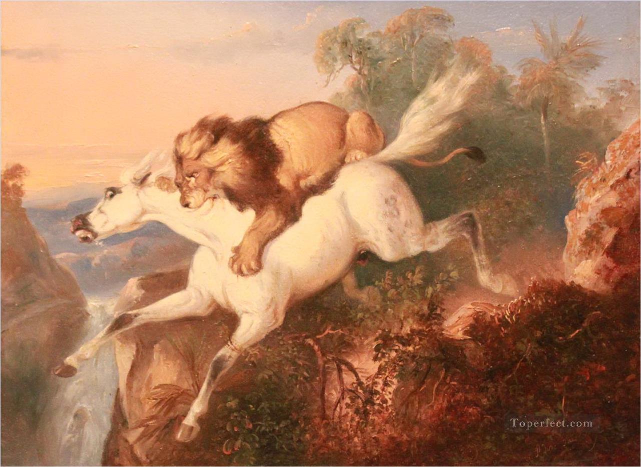 cheval attaqué par lion Peintures à l'huile